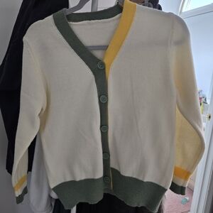 Cream Button-Front Cardigan Sweater with Green and Yellow Trim